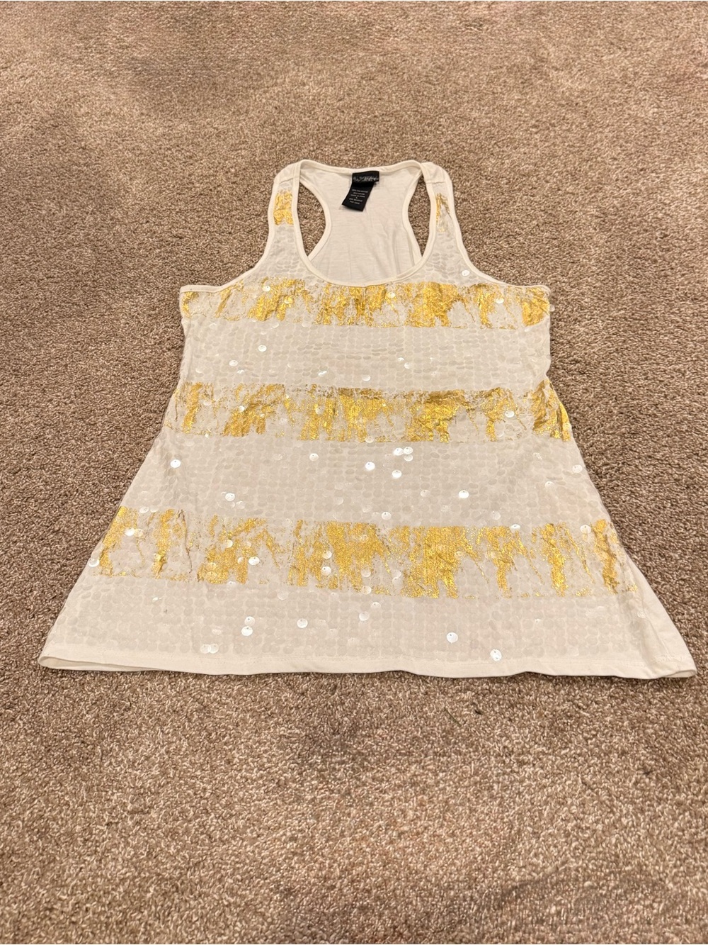 Daytrip White Racerback Tank with Gold Sequin Stripes